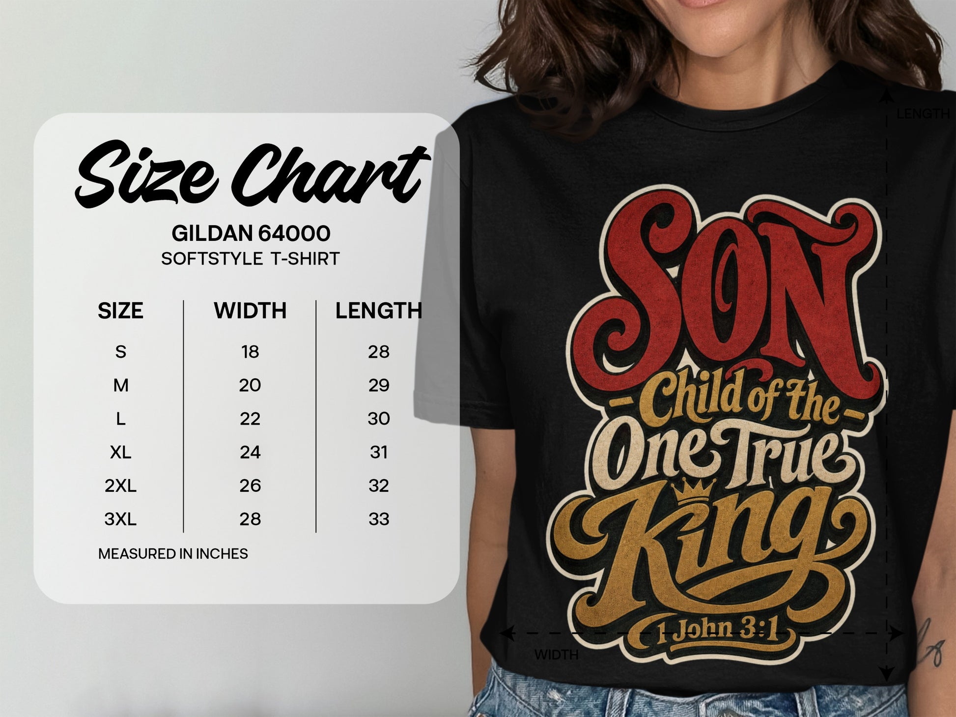 Gildan 64000 softstyle t-shirt size chart with measurements for size, width, and length.