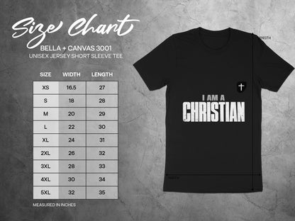 Size chart for Bella + Canvas 3001 unisex t-shirt showing width and length measurements in inches.