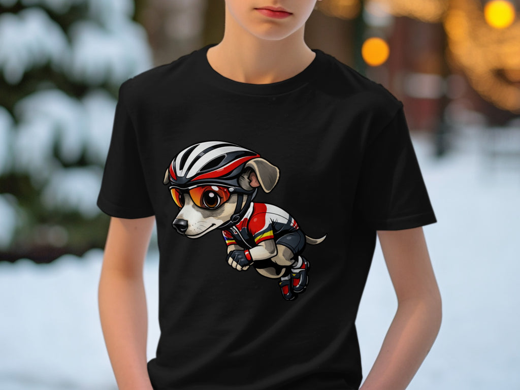 Cartoon dog wearing a cycling helmet and racing uniform on a black t-shirt.