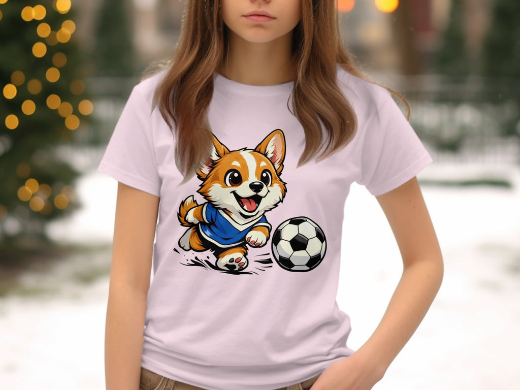 Cartoon corgi in a blue soccer jersey kicks a ball.