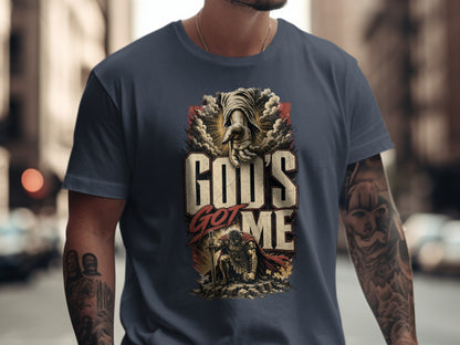 T-shirt with "God's Got Me" text, divine hand, and kneeling warrior graphic.