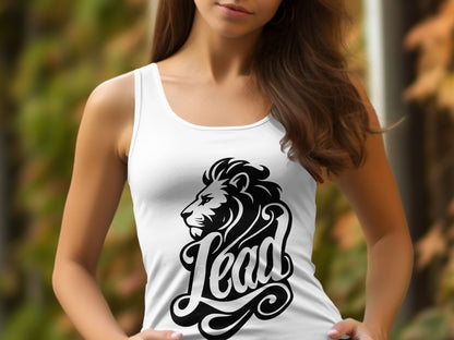 White tank top with black lion graphic and "Lead" text.
