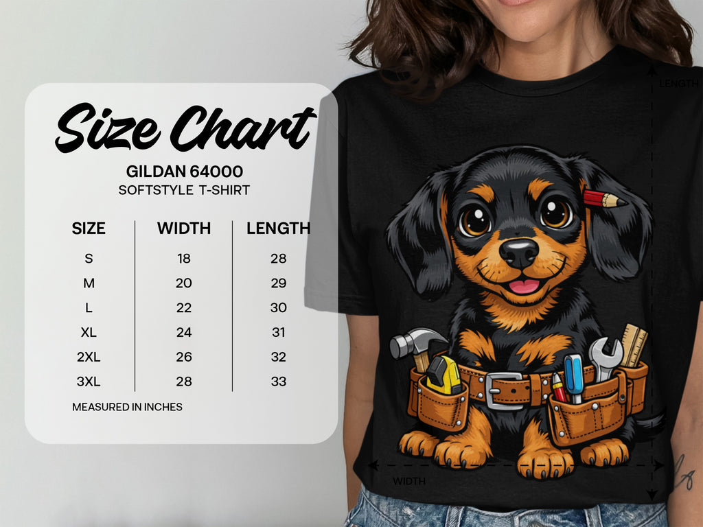 Gildan 64000 softstyle t-shirt size chart with measurements in inches.