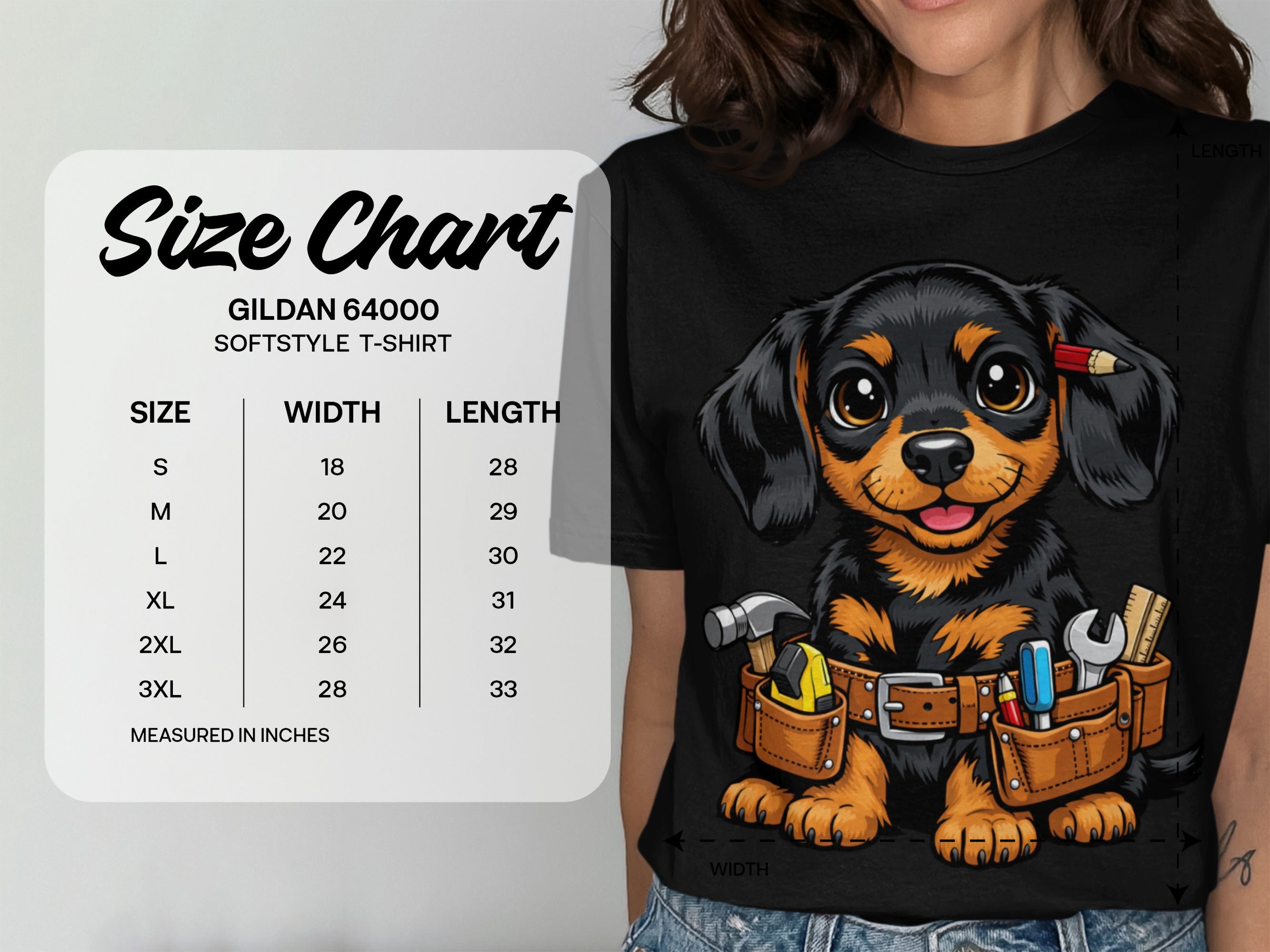 Gildan 64000 softstyle t-shirt size chart with measurements in inches.