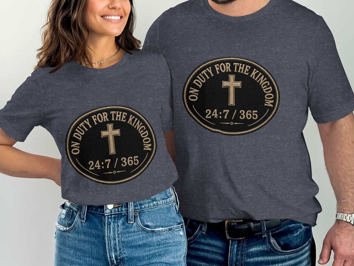 Dark grey t-shirts with a circular emblem featuring a cross and text "On Duty For The Kingdom 24:7 / 365".