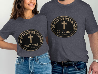 Dark grey t-shirts with a circular emblem featuring a cross and text "On Duty For The Kingdom 24:7 / 365".