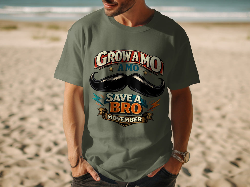 Grey t-shirt with "GrowamO AMO Save a Bro Movember" and mustache graphic.