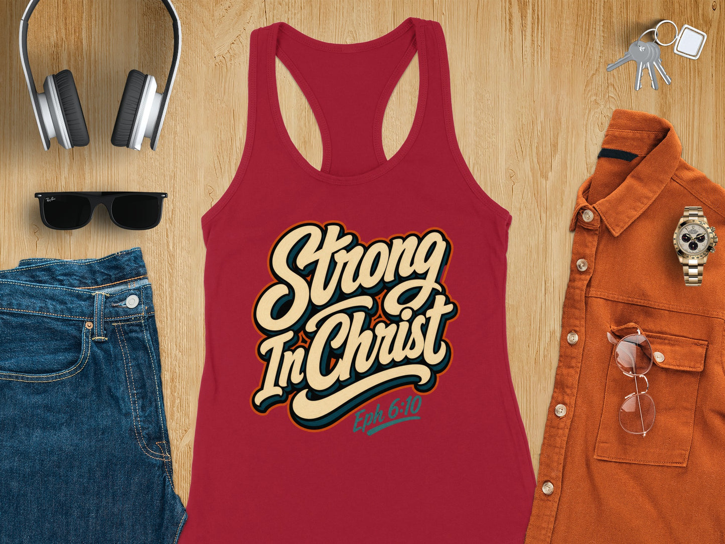 Red tank top with "Strong In Christ" and "Eph 6:10" text.