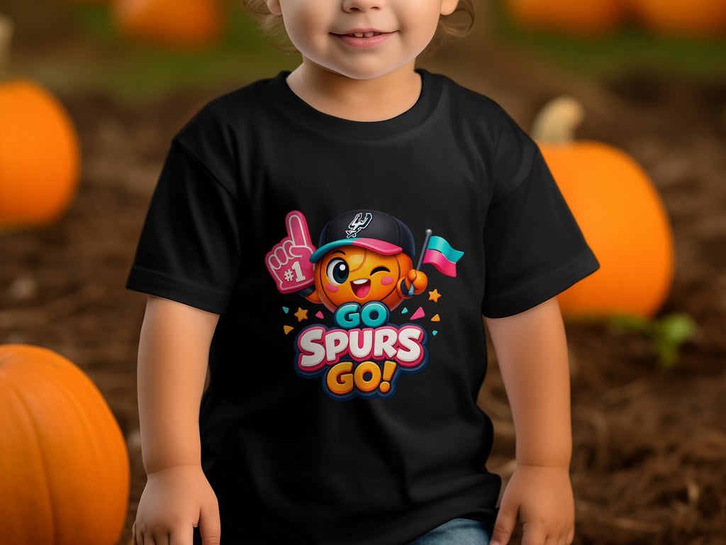 Black t-shirt with cartoon character and text "GO SPURS GO!".