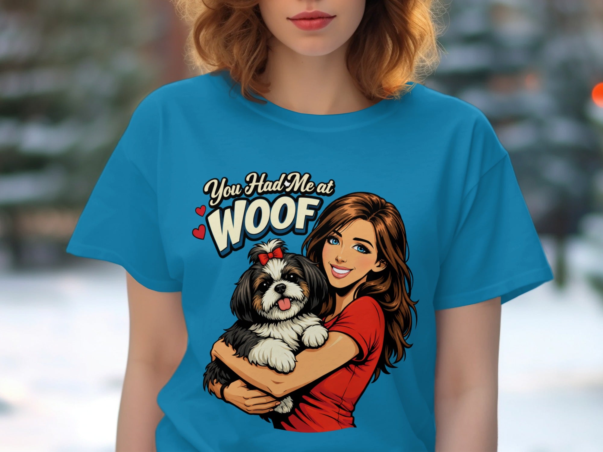 "You Had Me at WOOF" text with woman holding a shih tzu puppy.