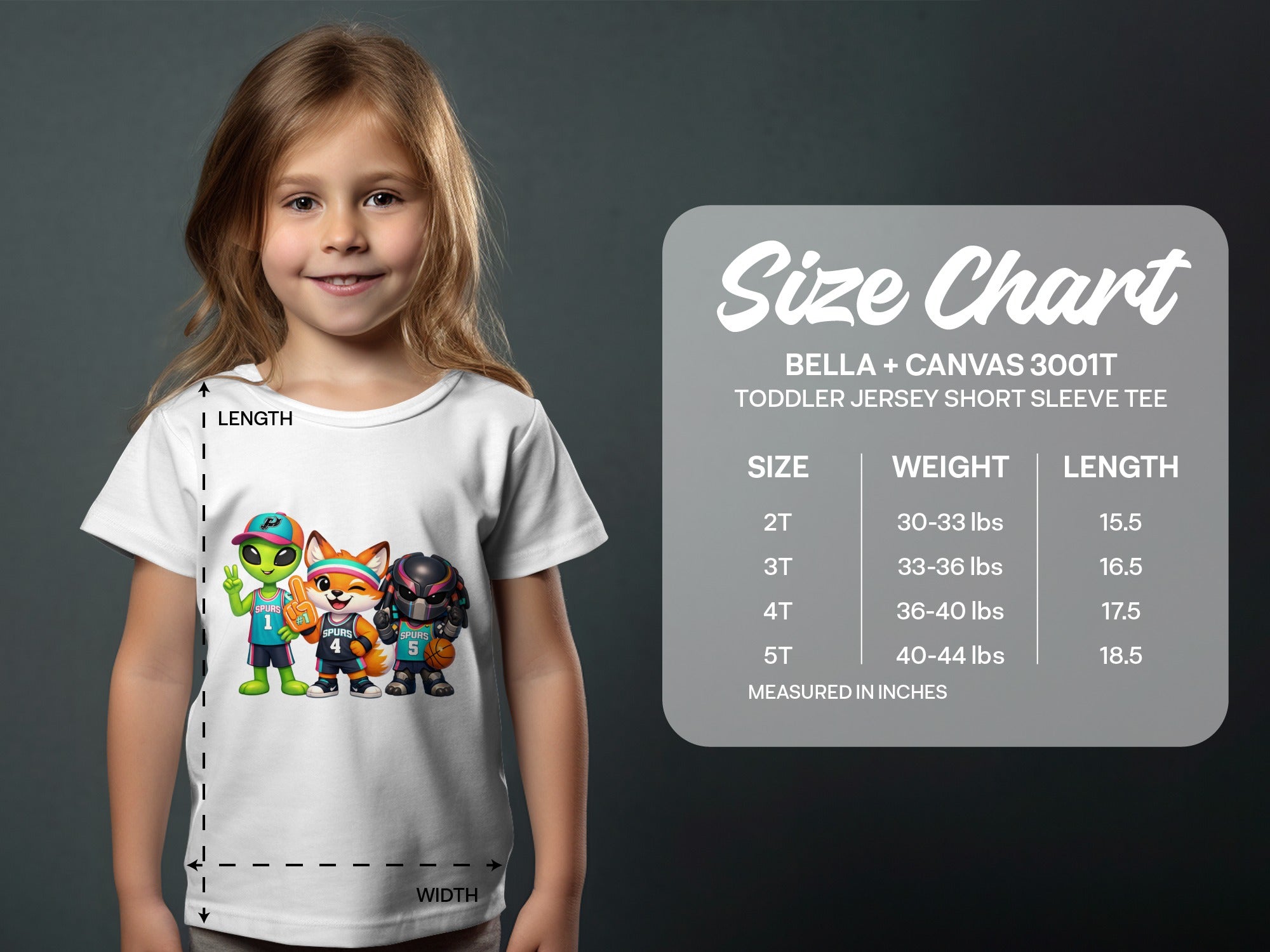 Toddler t-shirt with cartoon alien, fox, and predator characters; size chart included.