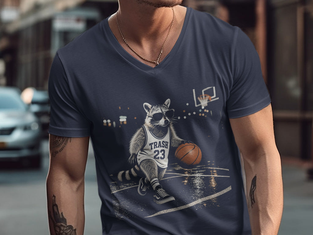 Dark blue t-shirt with a graphic of a raccoon basketball player wearing sunglasses and jersey number 23.