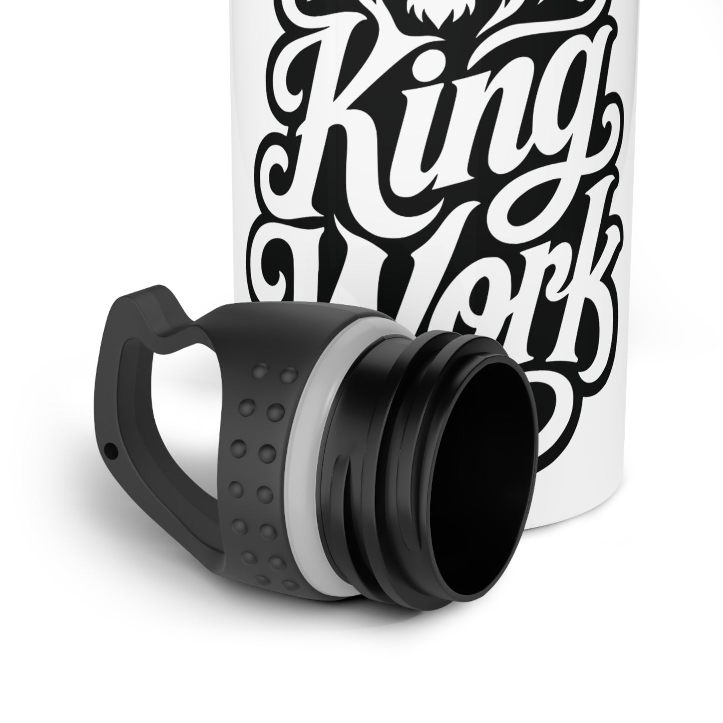 White bottle with black "King Work" text and black lid with handle.