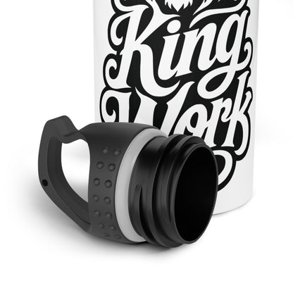 White bottle with black "King Work" text and black lid with handle.