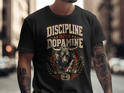 Black t-shirt with "DISCIPLINE OVER DOPAMINE" text and charging bull graphic.
