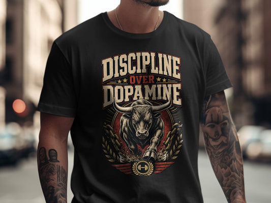 Black t-shirt with "DISCIPLINE OVER DOPAMINE" text and charging bull graphic.