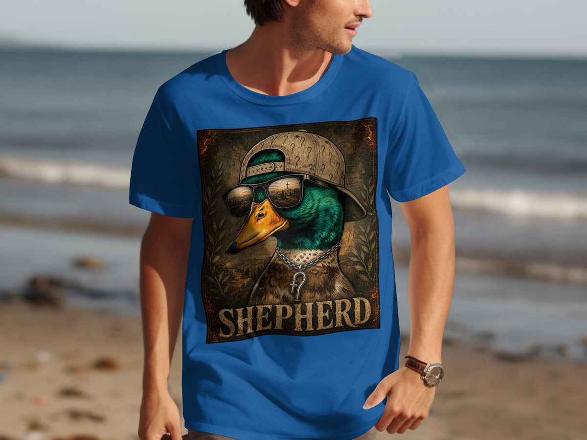 T-shirt with a graphic of a mallard duck wearing sunglasses and a backward baseball cap.