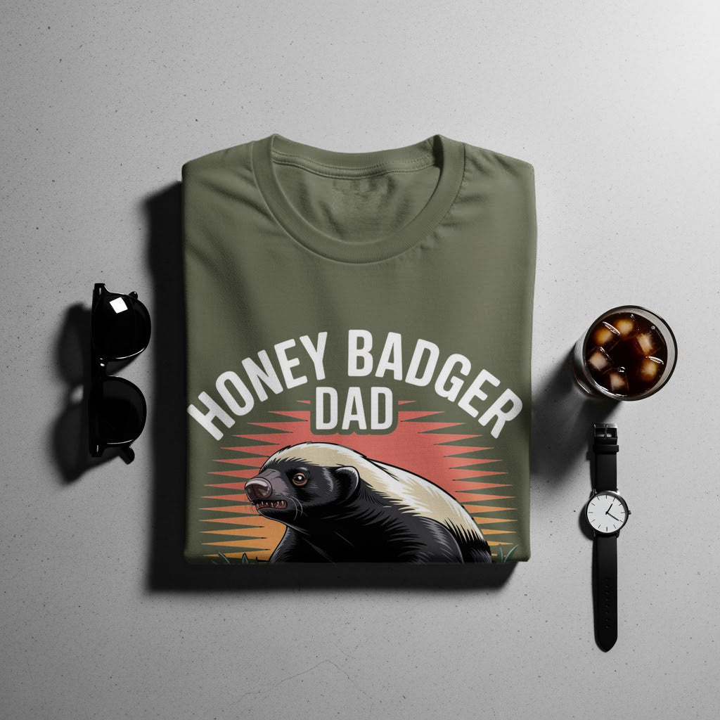 Olive green t-shirt with "Honey Badger Dad" text and graphic.