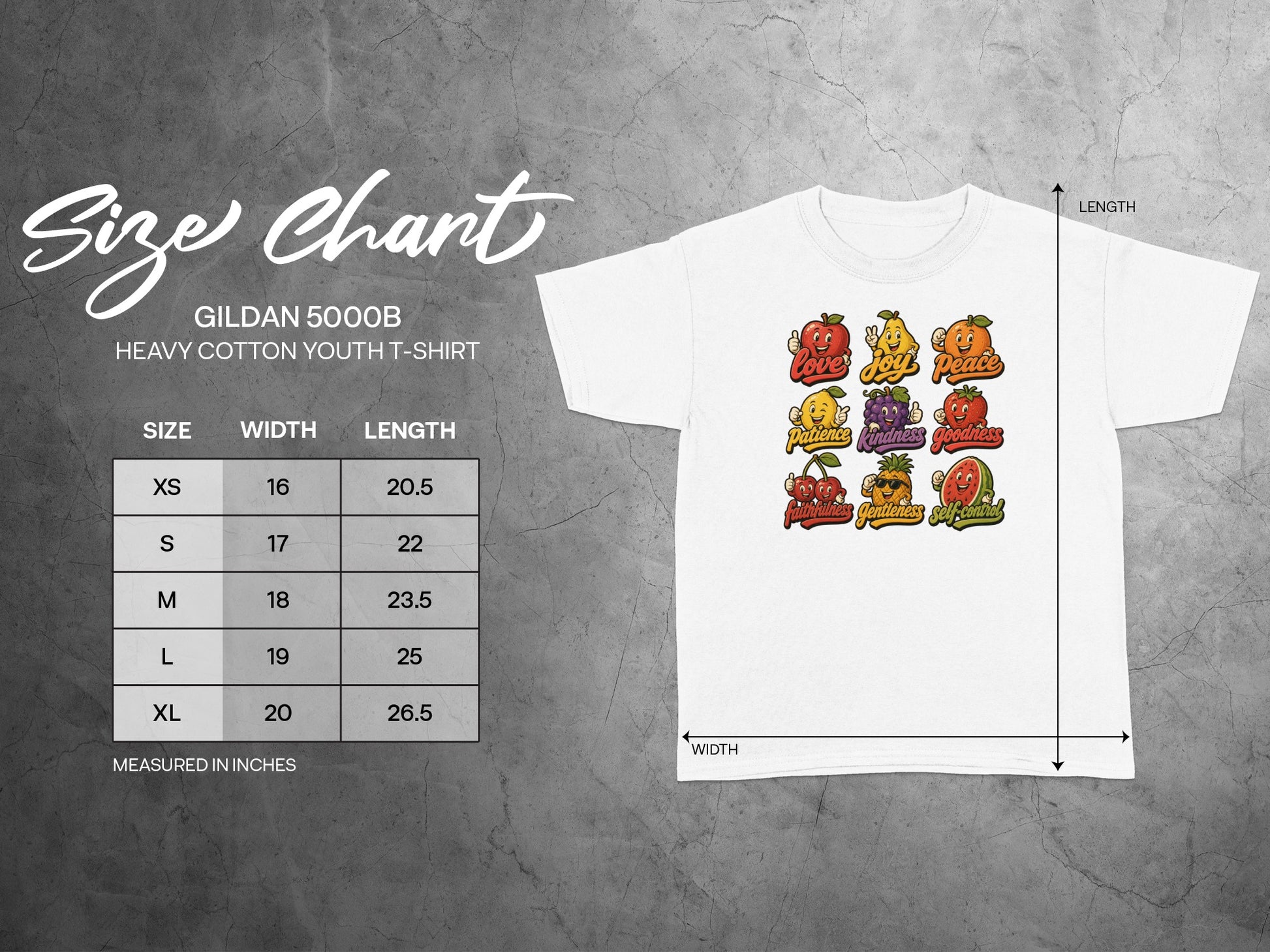 Gildan 5000B youth t-shirt size chart with fruit graphics displaying virtues Love, Joy, Peace.