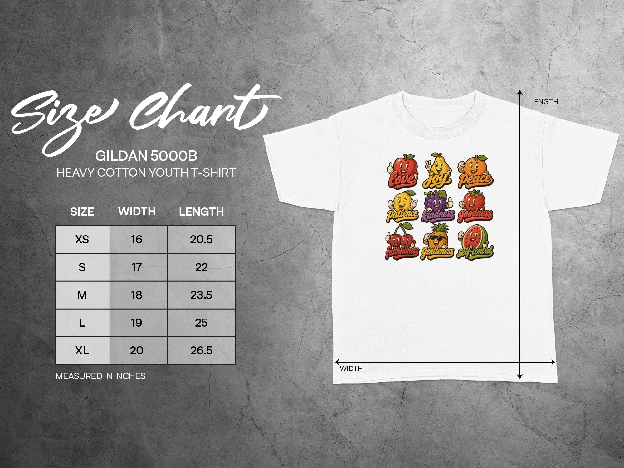 Gildan 5000B youth t-shirt size chart with fruit graphics displaying virtues Love, Joy, Peace.