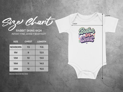 Rabbit Skins 4424 infant bodysuit size chart with chest and length measurements in inches.