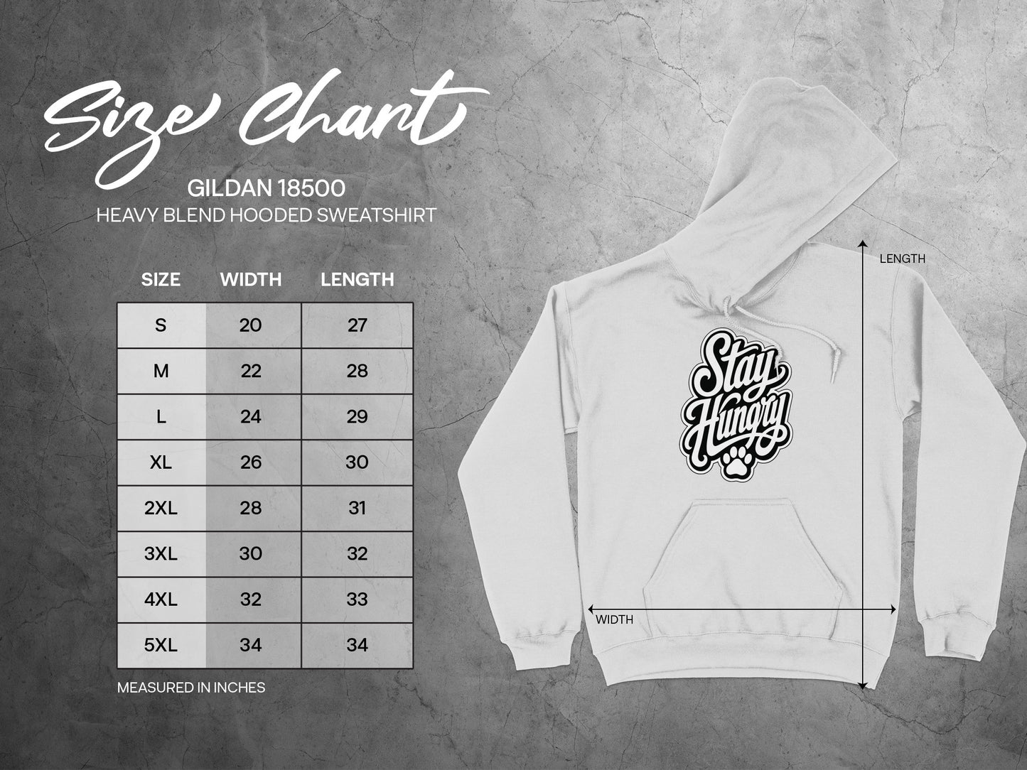 Gildan 18500 hoodie size chart with width and length measurements.