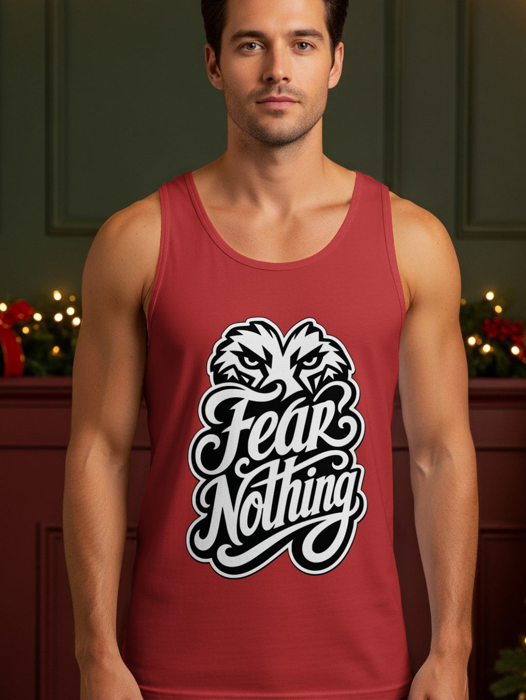 Red tank top with "Fear Nothing" text and a stylized eagle-like graphic.