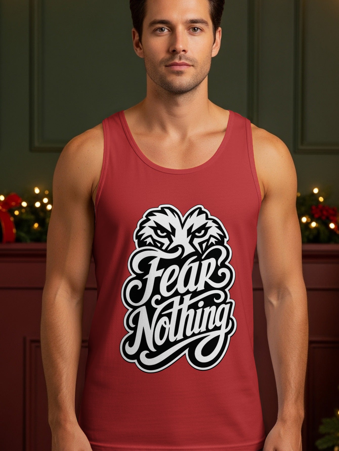 Red tank top with "Fear Nothing" text and a stylized eagle-like graphic.