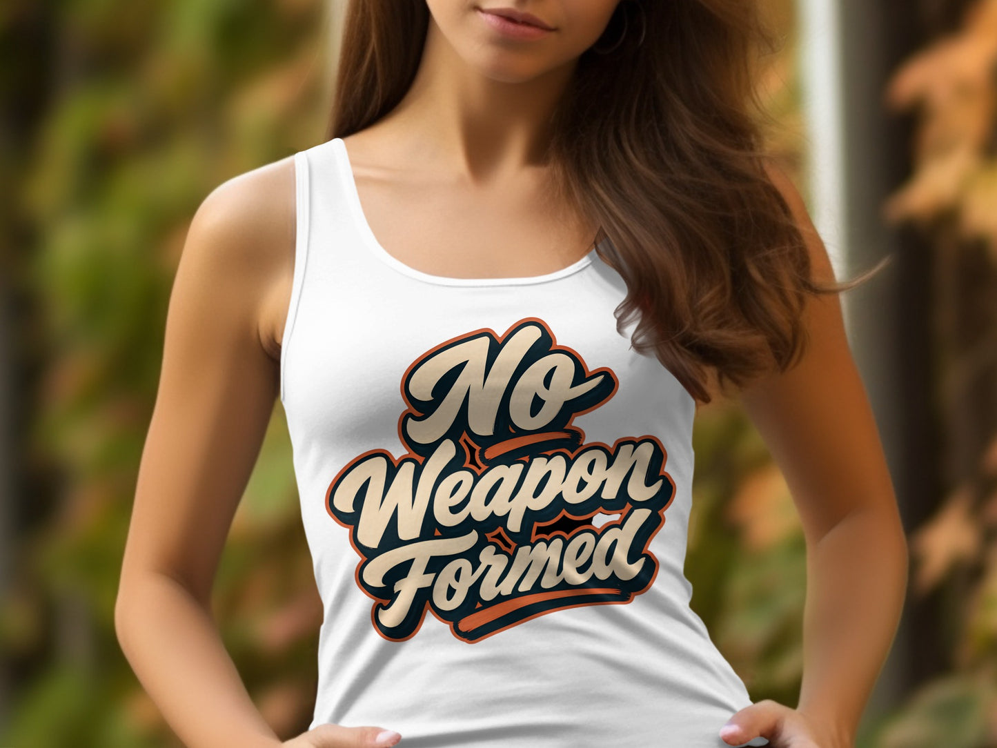 White tank top with "No Weapon Formed" text in retro font.
