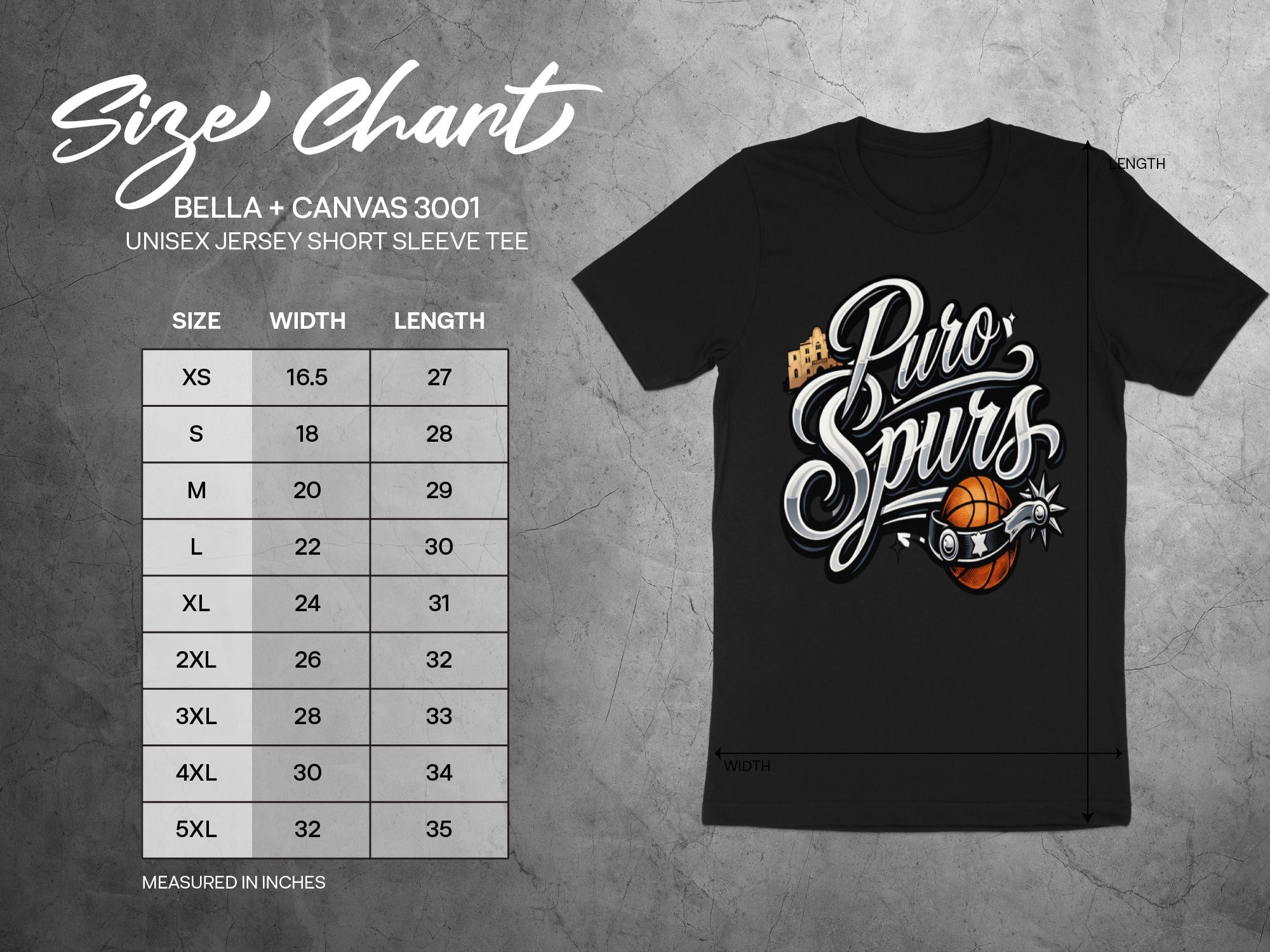 Unisex size chart for BELLA+CANVAS 3001 short sleeve tee with measurements in inches.