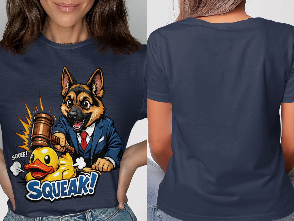 German Shepherd in suit hitting a rubber duck with a gavel, text "SQUEE! SQUEAK!"