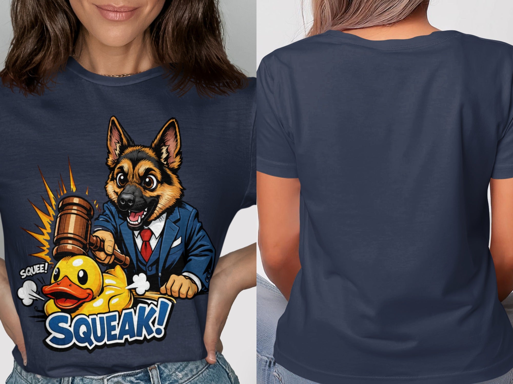 German Shepherd in suit hitting a rubber duck with a gavel, text "SQUEE! SQUEAK!"