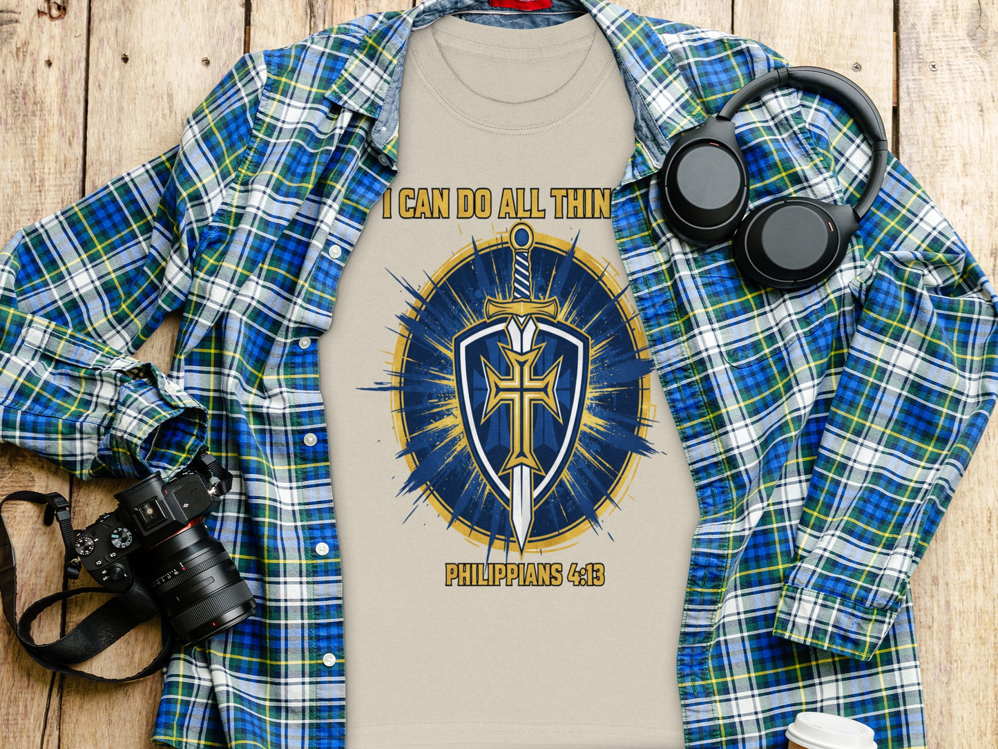 T-shirt with sword, shield, cross graphic and "I CAN DO ALL THIN PHILIPPIANS 4:13".