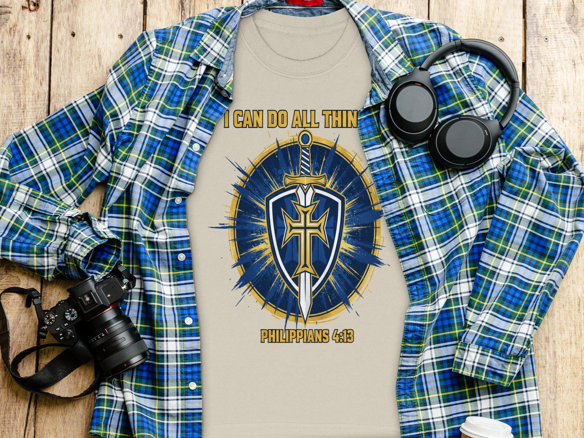 T-shirt with sword, shield, cross graphic and "I CAN DO ALL THIN PHILIPPIANS 4:13".