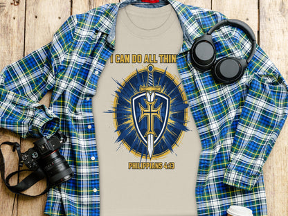 T-shirt with sword, shield, cross graphic and "I CAN DO ALL THIN PHILIPPIANS 4:13".