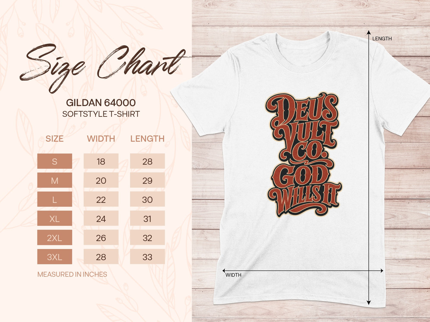 Gildan 64000 Softstyle t-shirt size chart with "Deus Vult God Wills It" graphic.