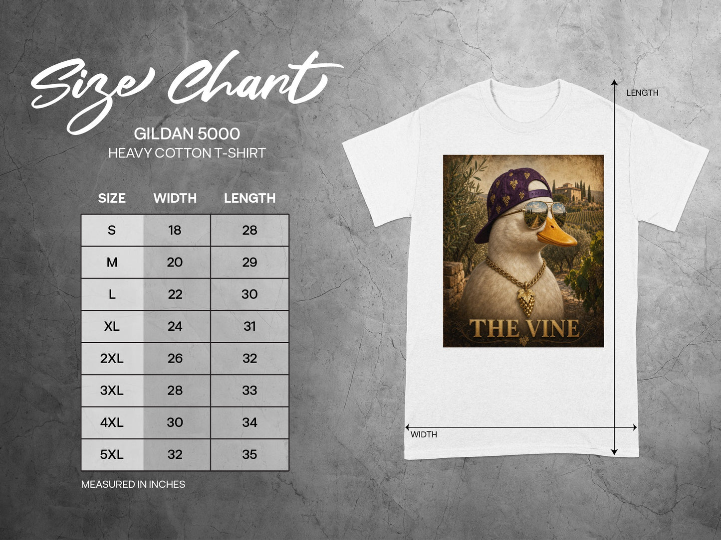Size chart for Gildan 5000 Heavy Cotton T-Shirt with dimensions measured in inches.