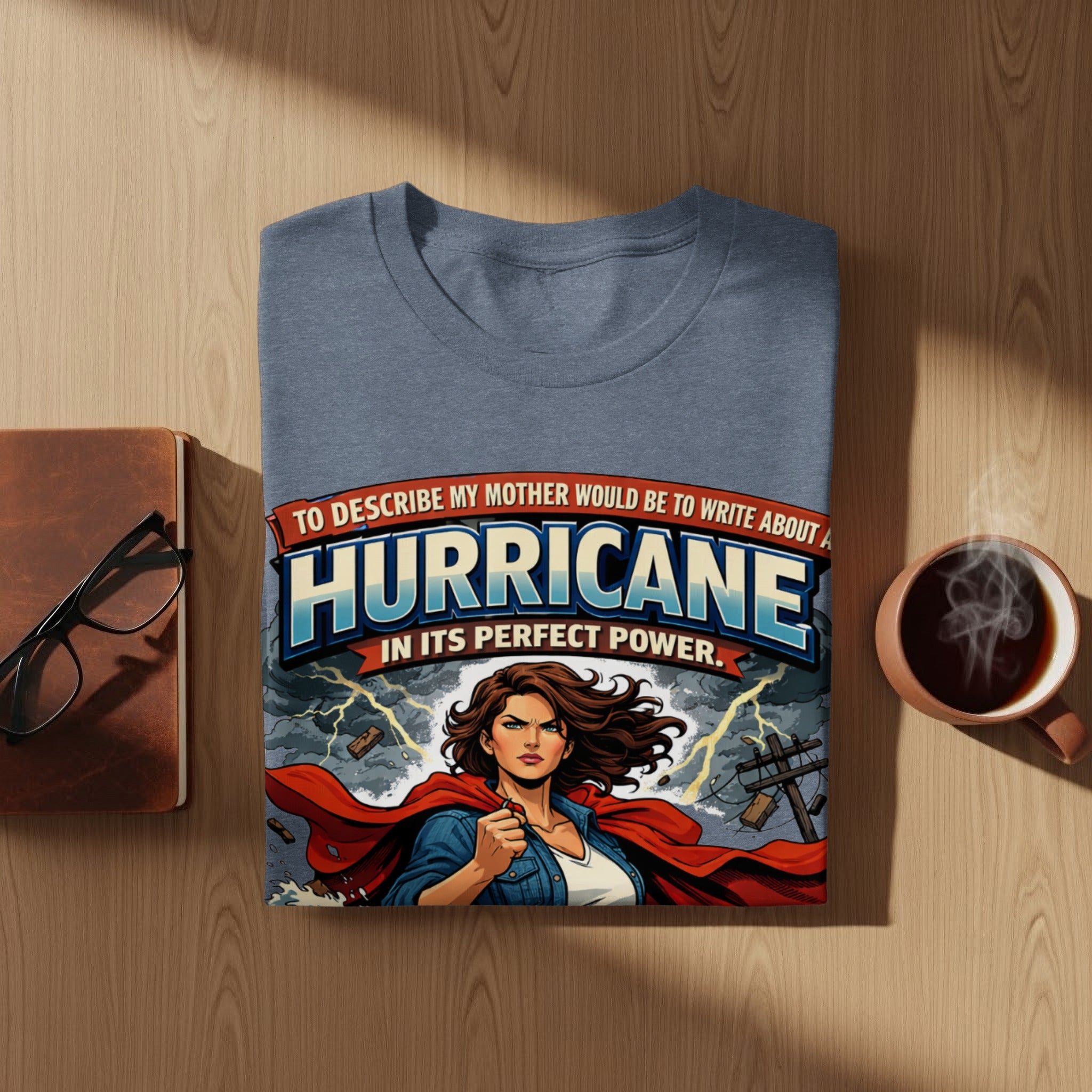 T-shirt with comic art of a woman in a red cape and denim jacket, text about hurricane power.