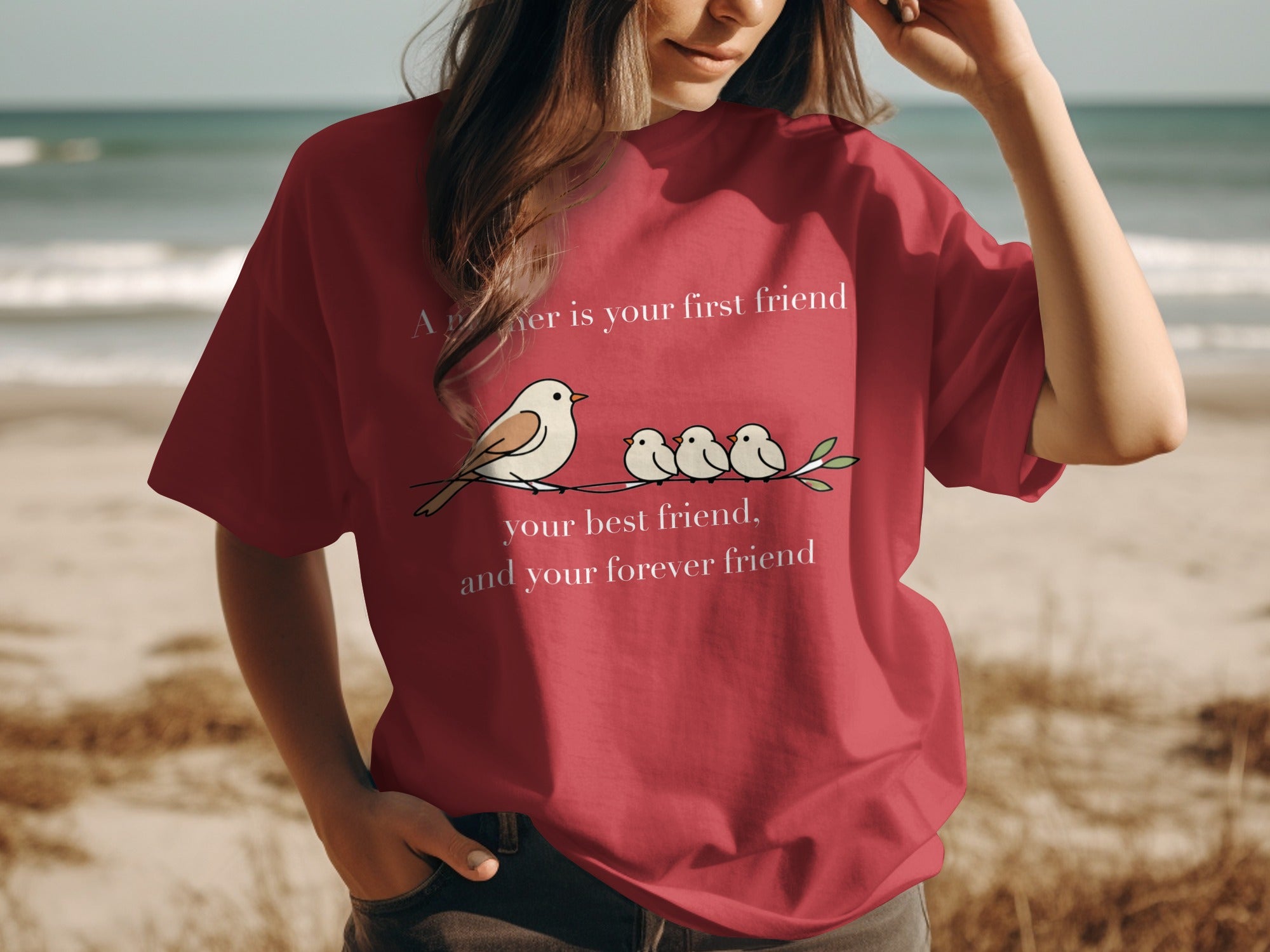 Red t-shirt with bird illustration and text: "A father is your first friend, your best friend, and your forever friend."