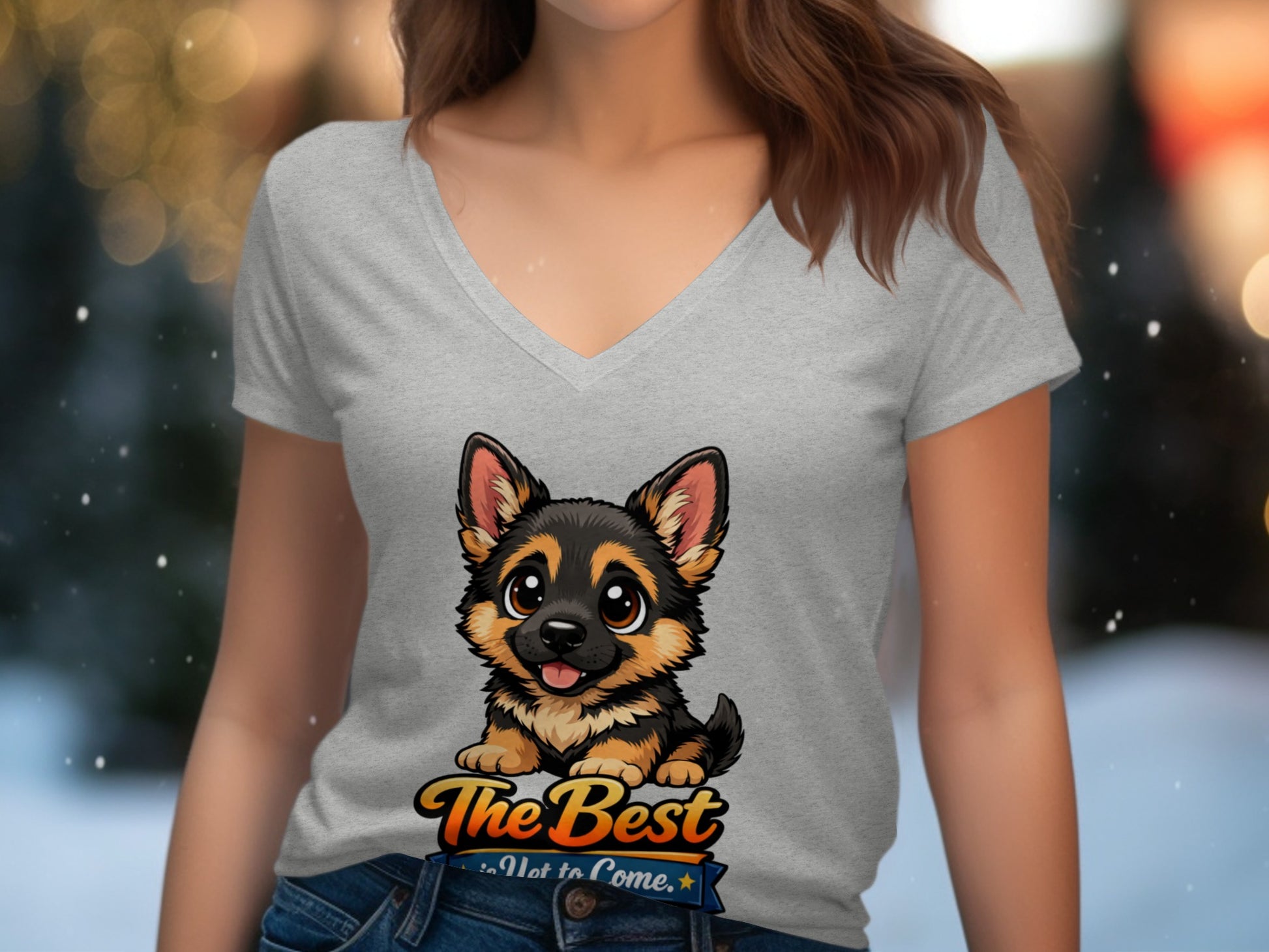 Grey v-neck t-shirt with a cute German Shepherd puppy graphic and text "The Best is Yet to Come."