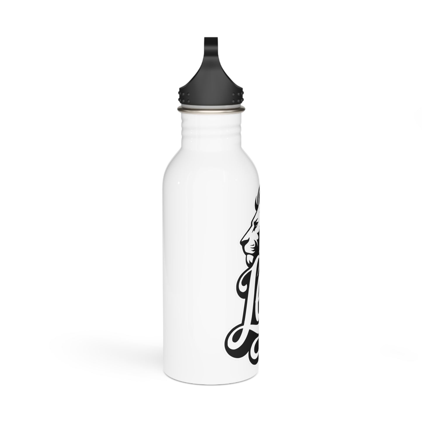 White water bottle with black lion head graphic and cursive text.