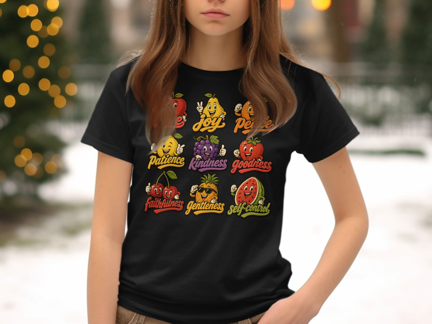 Black t-shirt with nine cartoon fruits representing virtues: love, joy, peace, patience, kindness, goodness, faithfulness, gentleness, self-control.