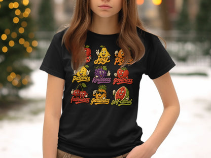 Black t-shirt with nine cartoon fruits representing virtues: love, joy, peace, patience, kindness, goodness, faithfulness, gentleness, self-control.