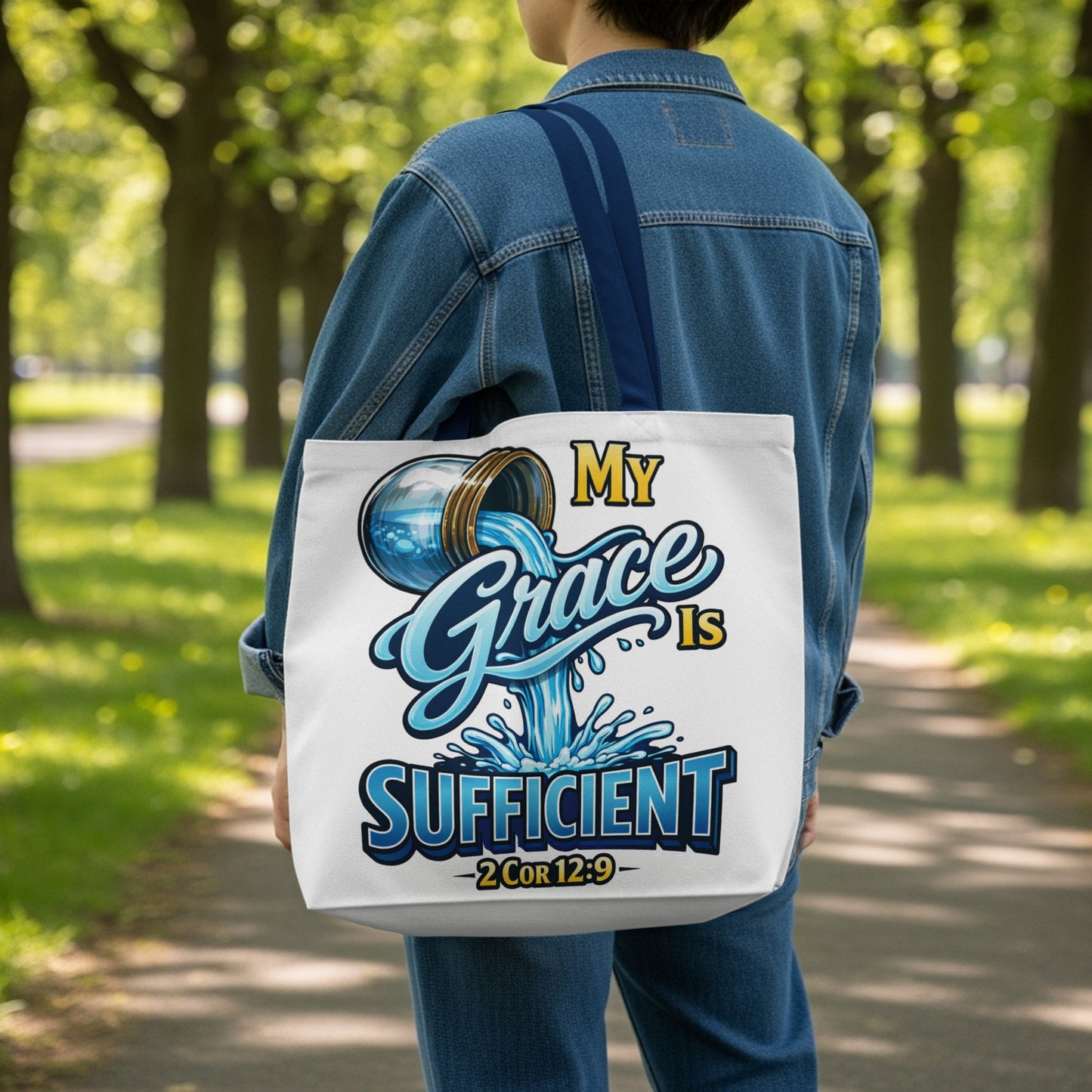 Tote bag with text "My Grace Is Sufficient" and scripture 2 Cor 12:9.