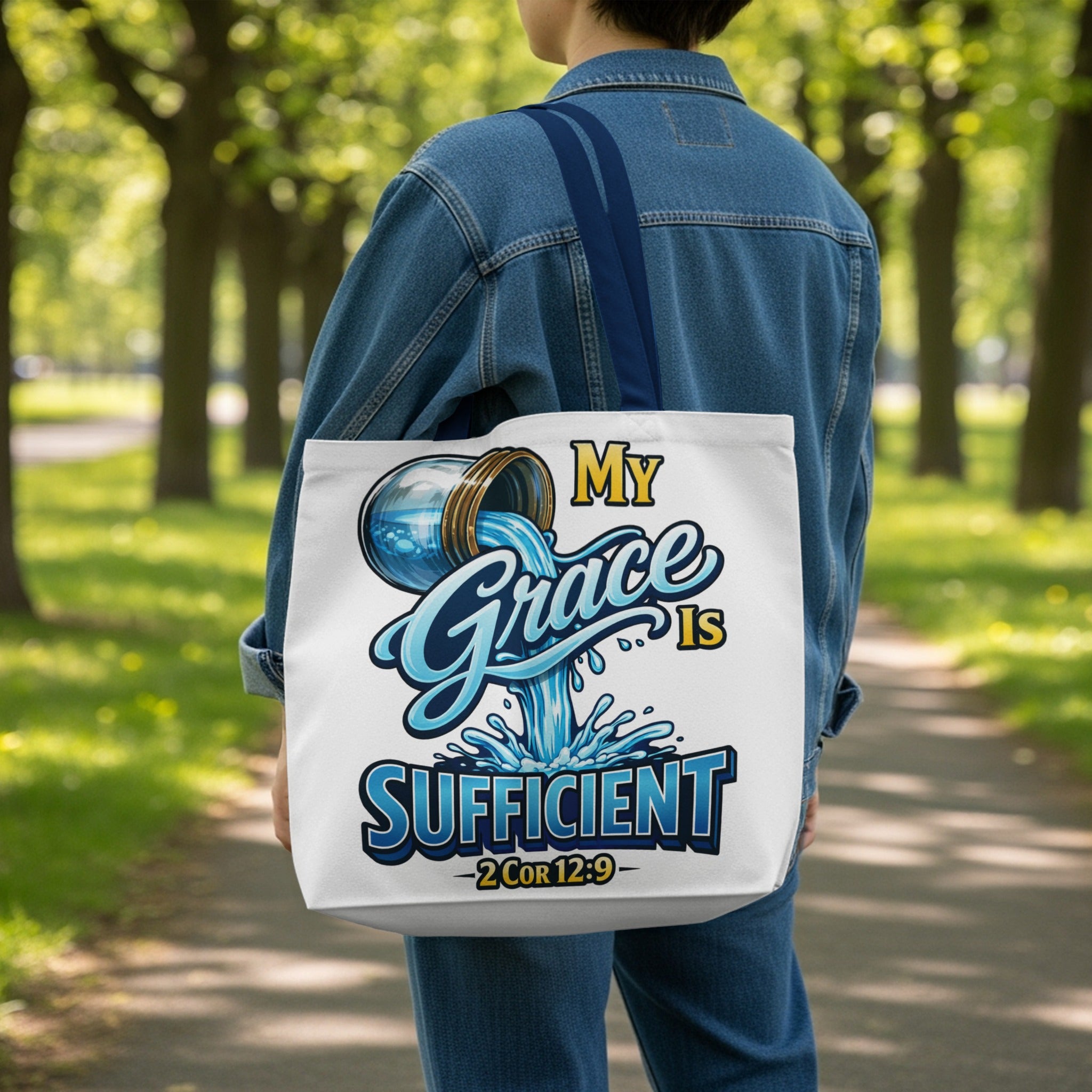 Tote bag with text "My Grace Is Sufficient" and scripture 2 Cor 12:9.