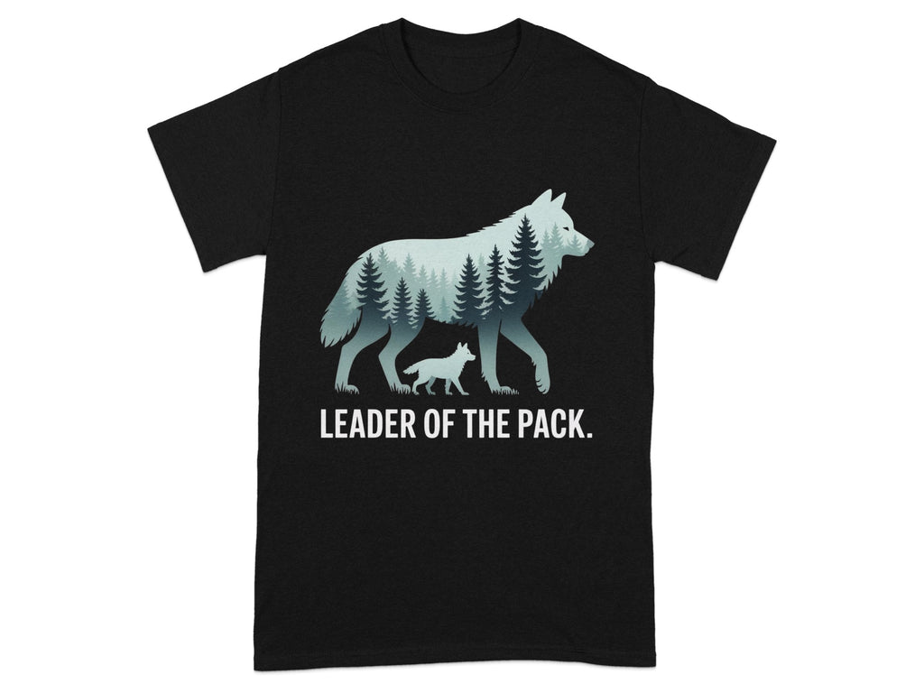 Black t-shirt with wolf silhouette filled with trees, text "LEADER OF THE PACK".