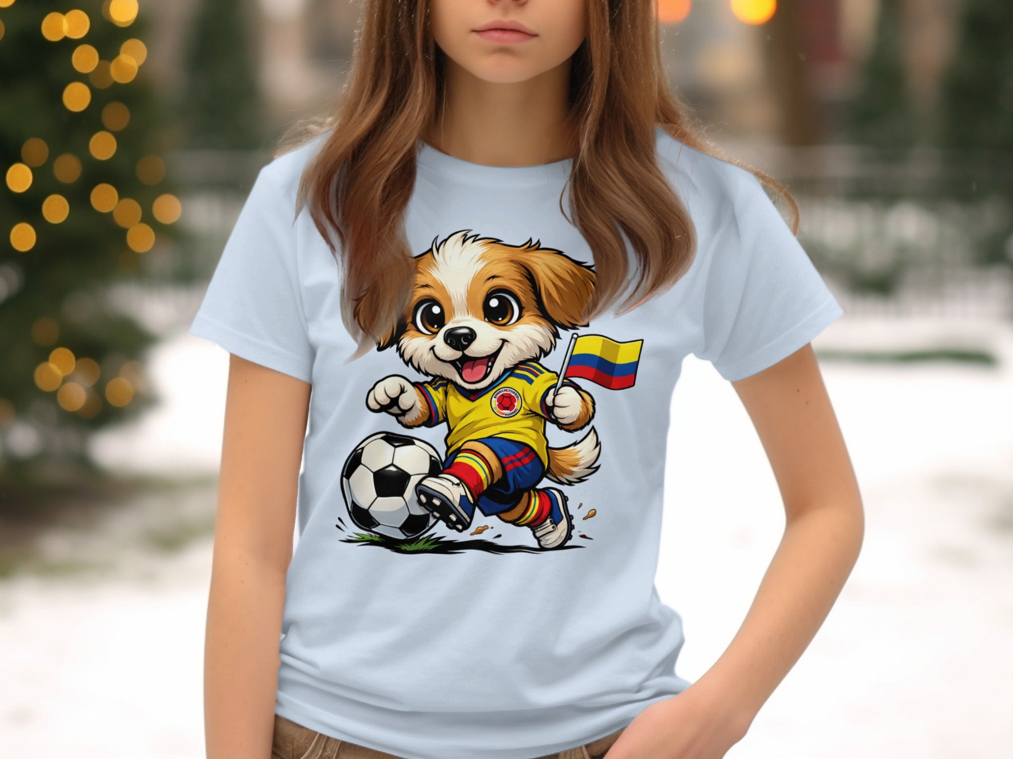 Cartoon dog in Colombian soccer uniform kicking a soccer ball and holding a flag.