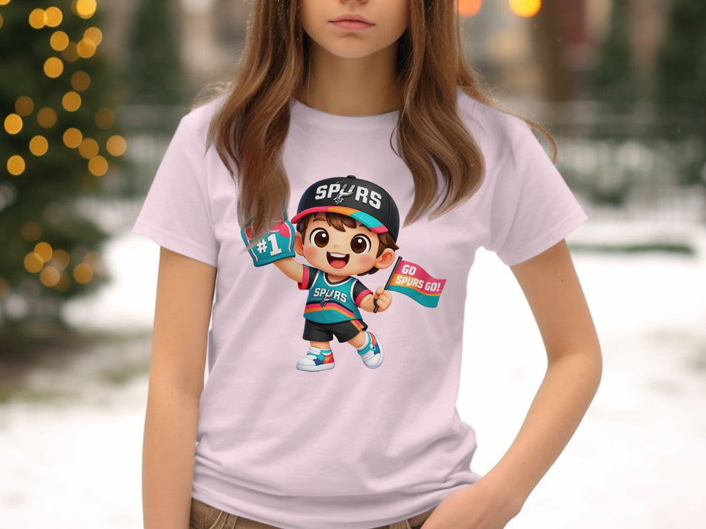 Cartoon child with number 1 glove and "Go Spurs Go!" flag on white shirt.