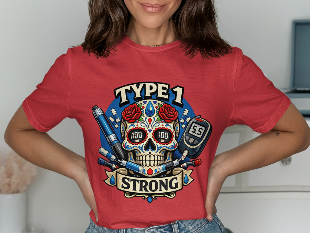 Type 1 Strong with skull, insulin pens, and glucose meter graphic.