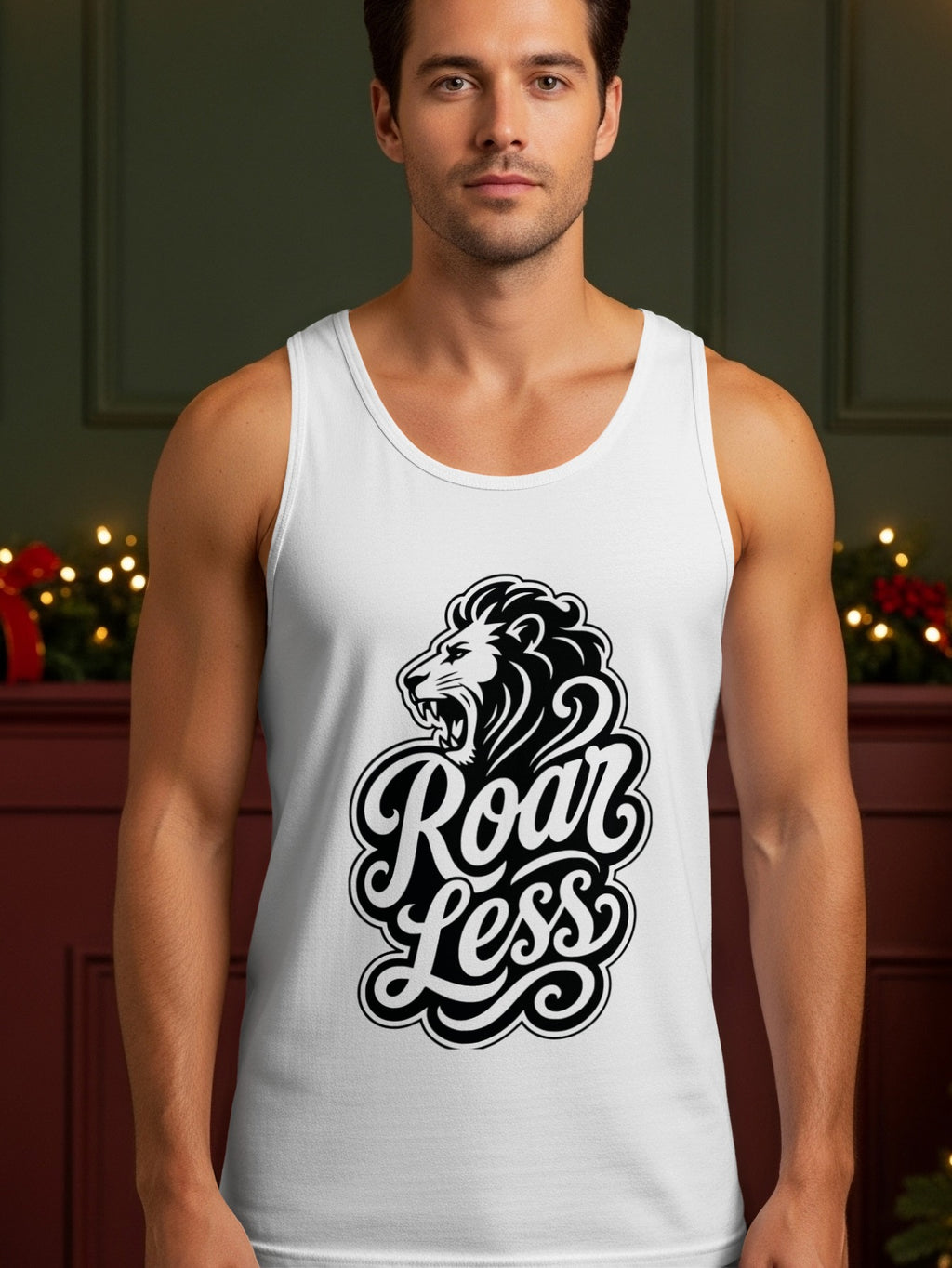White tank top with a black lion and "Roar Less" text graphic.